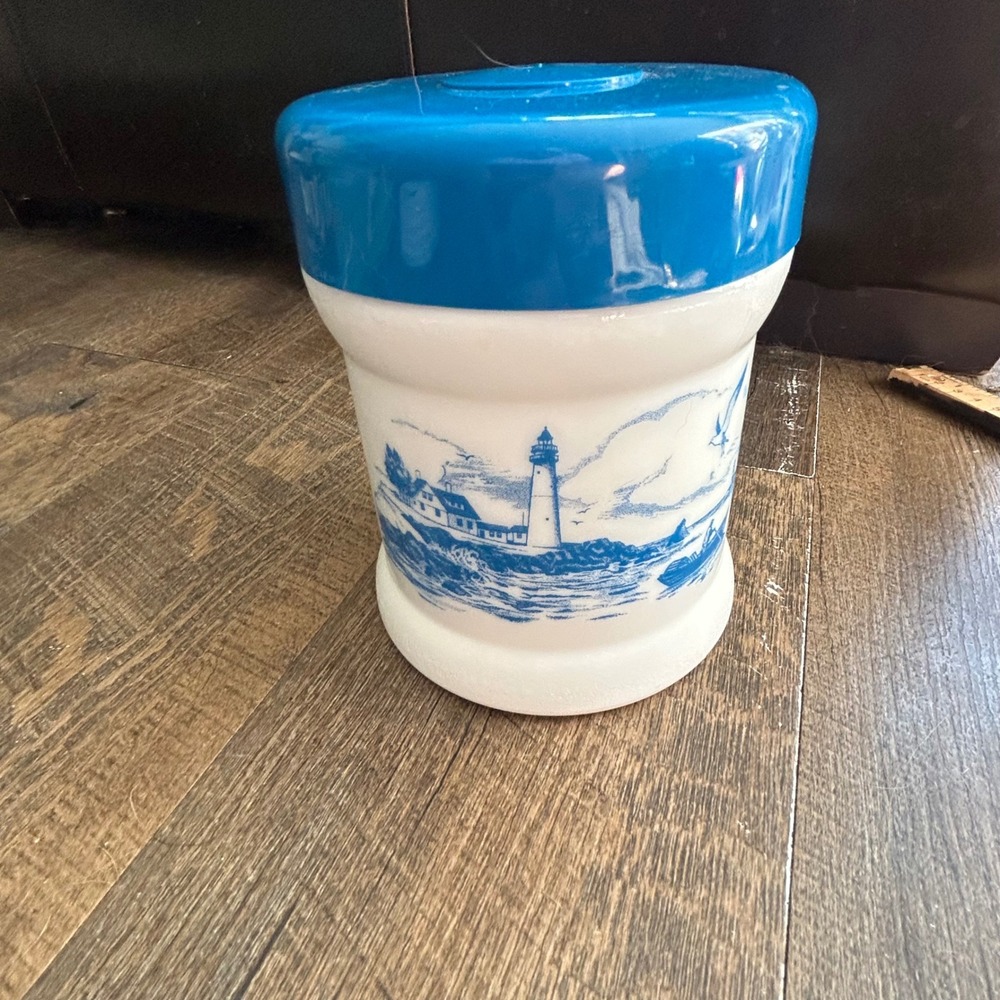 Vintage Belgium Delft Blue Milk Glass Canister Nautical Lighthouse Scene 6in